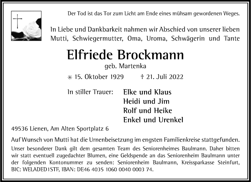  Traueranzeige für Elfriede Brockmann vom 06.08.2022 aus 