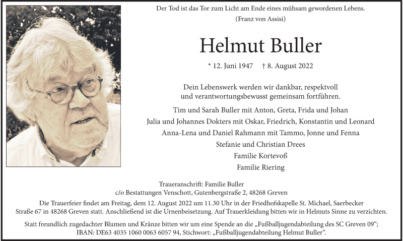  Traueranzeige für Helmut Buller vom 11.08.2022 aus 