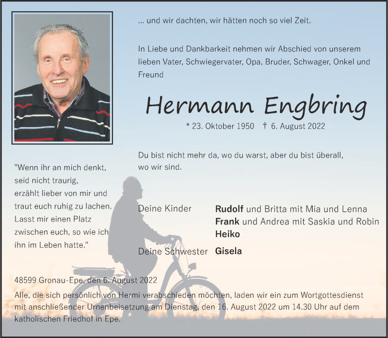  Traueranzeige für Hermann Engbring vom 13.08.2022 aus 