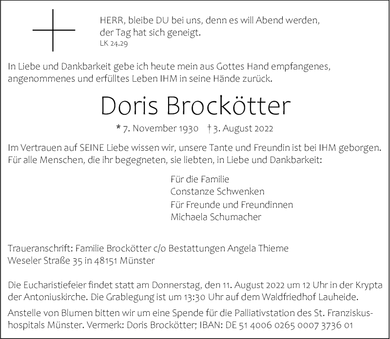  Traueranzeige für Doris Brockötter vom 10.08.2022 aus 