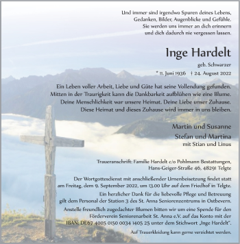 Anzeige von Inge Hardelt 