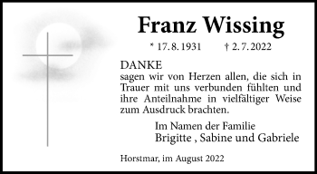 Anzeige von Franz Wissing 