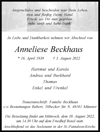 Anzeige von Anneliese Beckhaus 