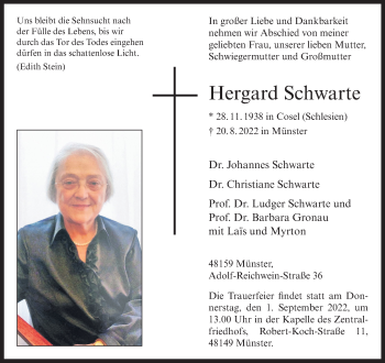 Anzeige von Hergard Schwarte 