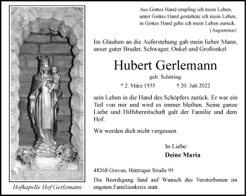 Anzeige von Hubert Gerlemann 