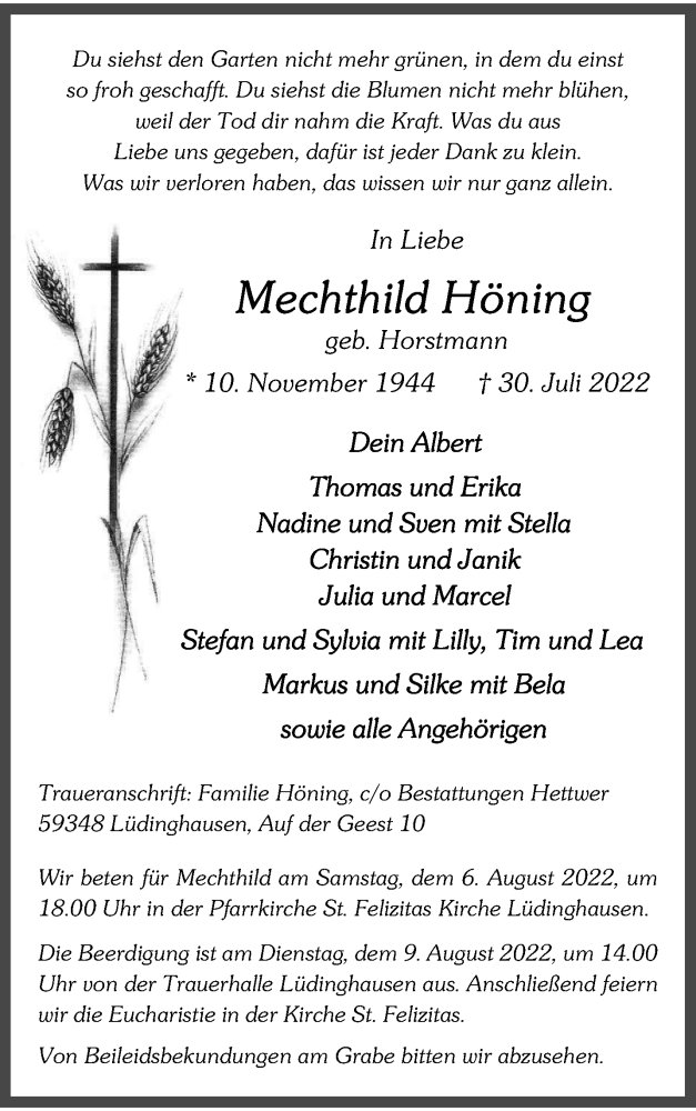  Traueranzeige für Mechthild Höning vom 03.08.2022 aus 