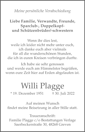 Anzeige von Willi Plagge 