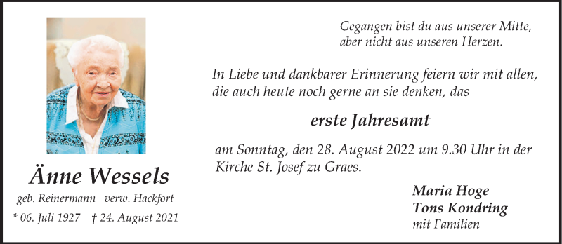  Traueranzeige für Änne Wessels vom 25.08.2022 aus 