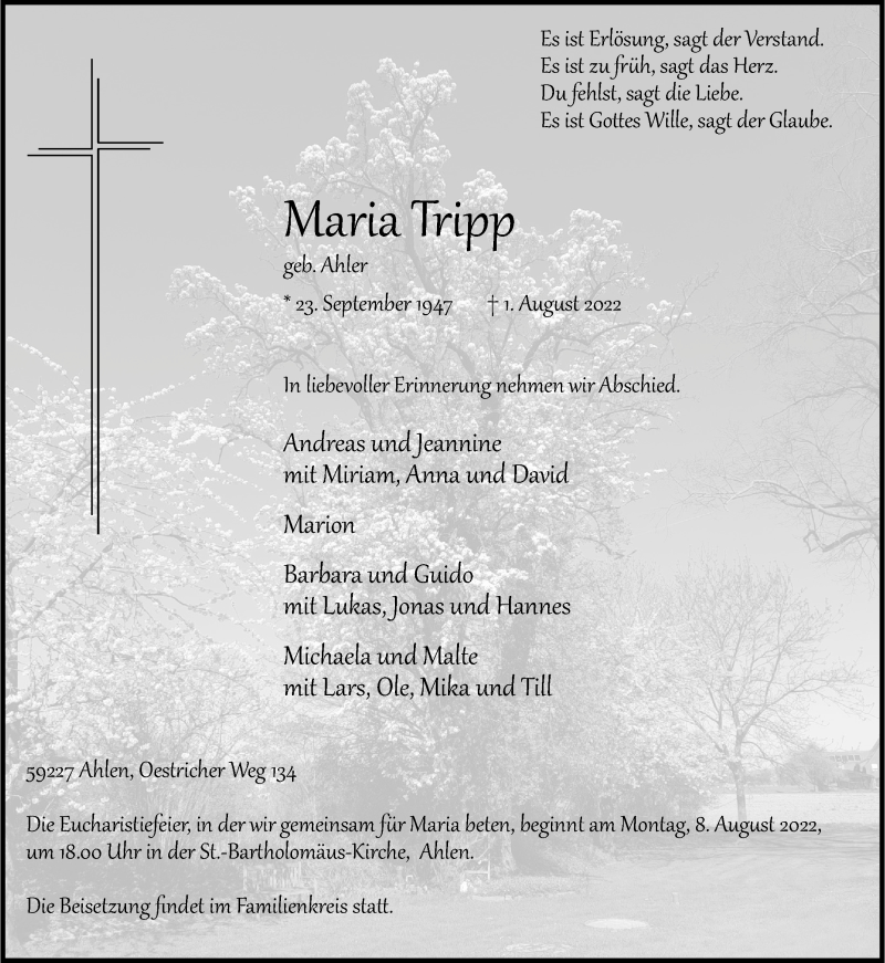  Traueranzeige für Maria Tripp vom 05.08.2022 aus 