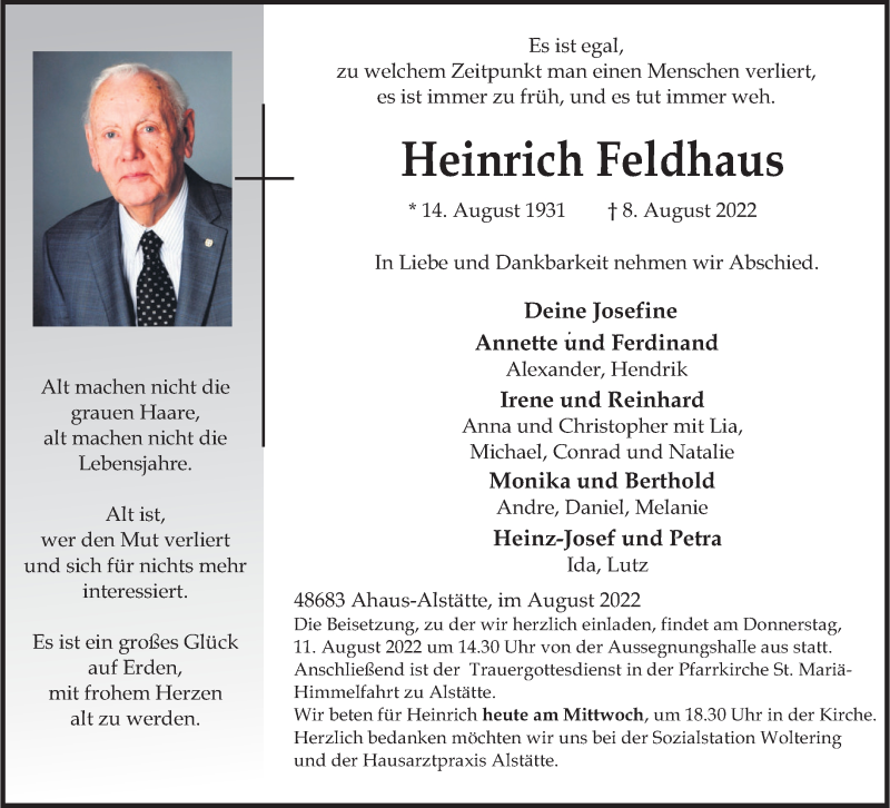  Traueranzeige für Heinrich Feldhaus vom 10.08.2022 aus 