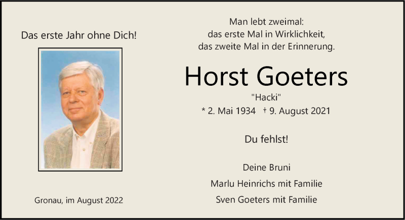  Traueranzeige für Horst Goeters vom 09.08.2022 aus 