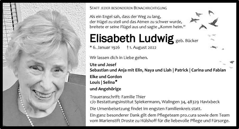  Traueranzeige für Elisabeth Ludwig vom 06.08.2022 aus 