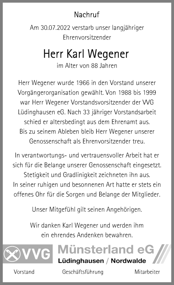  Traueranzeige für Karl Wegener vom 08.08.2022 aus 