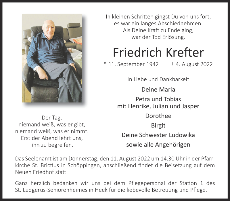  Traueranzeige für Friedrich Krefter vom 09.08.2022 aus 