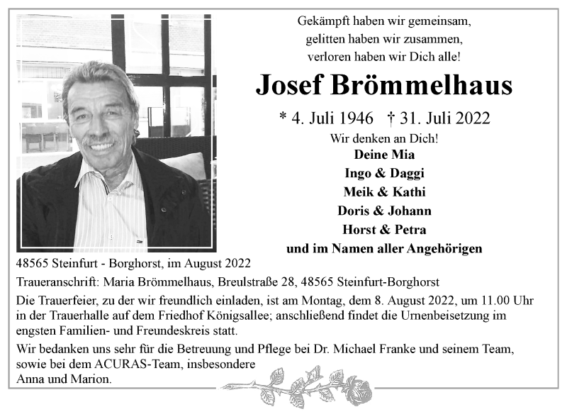  Traueranzeige für Josef Brömmelhaus vom 03.08.2022 aus 