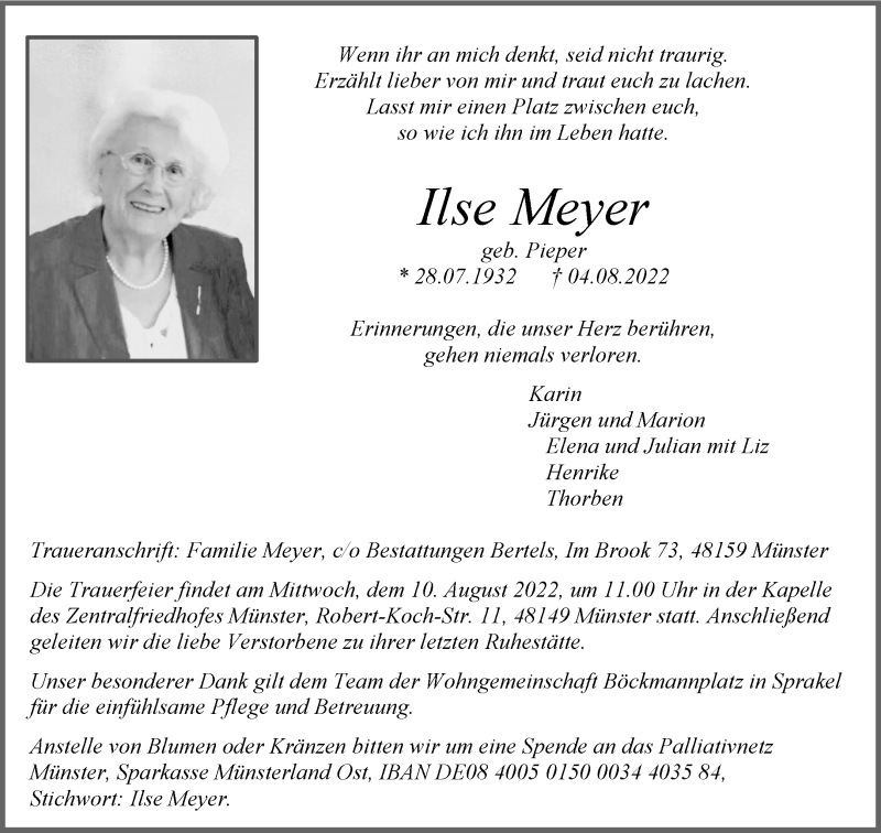  Traueranzeige für Ilse Meyer vom 06.08.2022 aus 