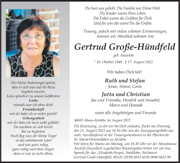 Anzeige von Gertrud Große-Hündfeld 