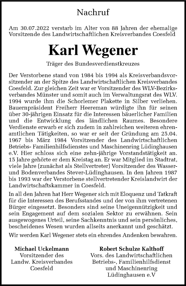  Traueranzeige für Karl Wegener vom 06.08.2022 aus 