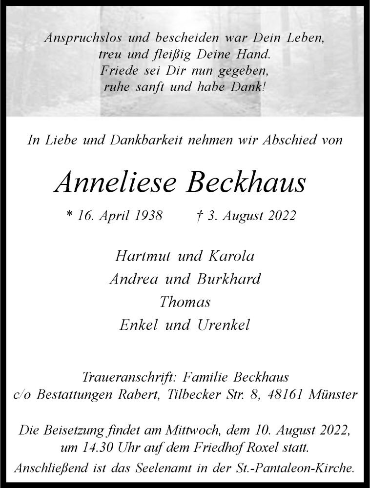  Traueranzeige für Anneliese Beckhaus vom 06.08.2022 aus 