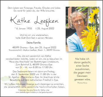 Anzeige von Käthe Leefken 
