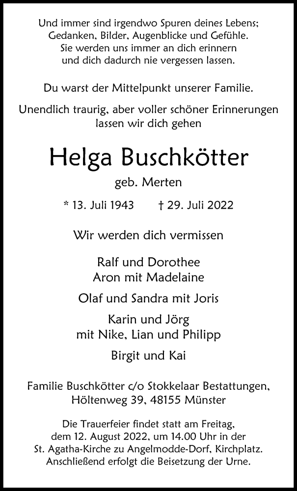  Traueranzeige für Helga Buschkötter vom 06.08.2022 aus 