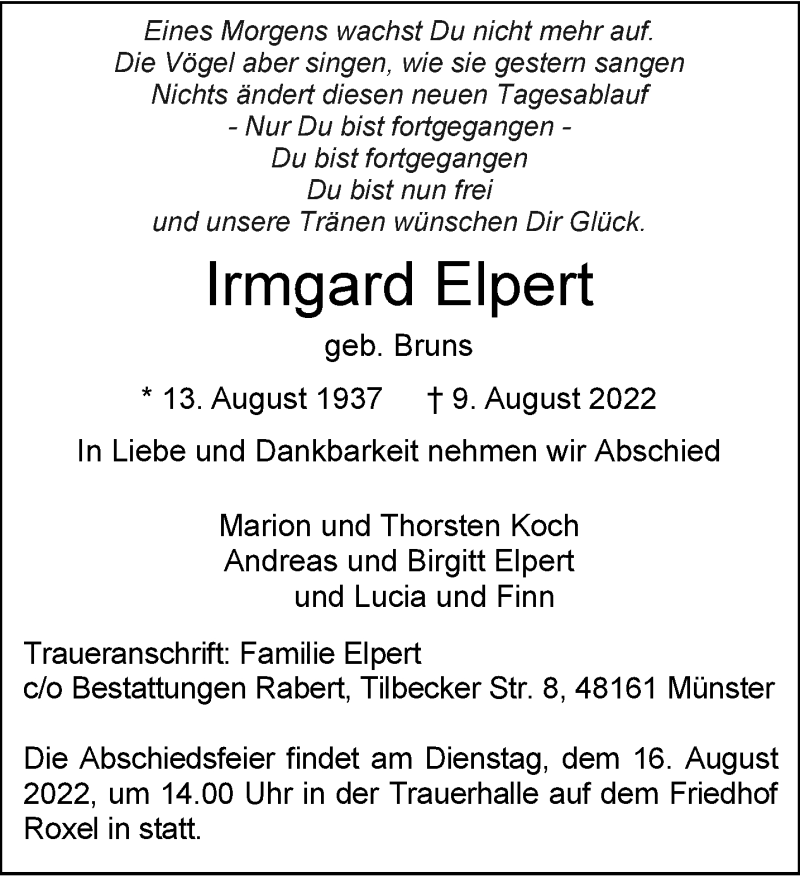  Traueranzeige für Irmgard Elpert vom 13.08.2022 aus 