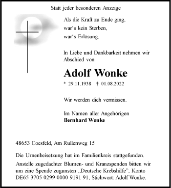 Anzeige von Adolf Wonke 