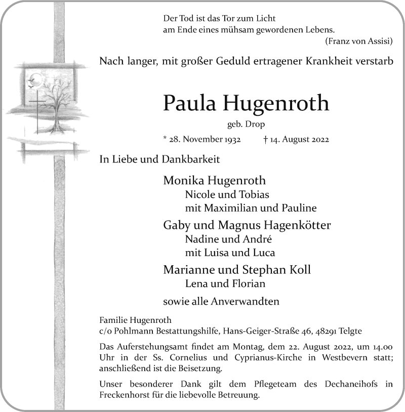  Traueranzeige für Paula Hugenroth vom 20.08.2022 aus 