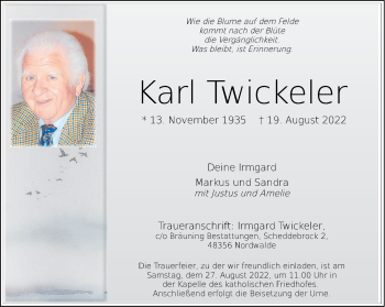 Anzeige von Karl Twickeler 