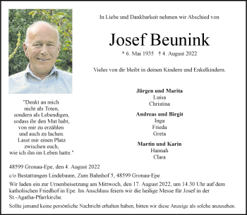 Anzeige von Josef Beunink 
