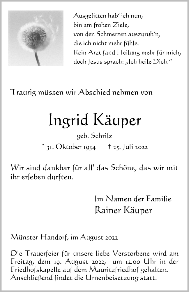  Traueranzeige für Ingrid Käuper vom 13.08.2022 aus 