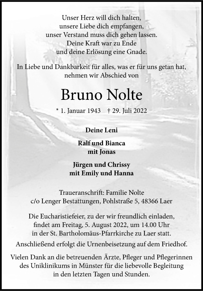  Traueranzeige für Bruno Nolte vom 03.08.2022 aus 