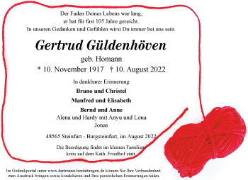 Anzeige von Gertrud Güldenhöven 