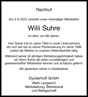 Anzeige von Willi Suhre 