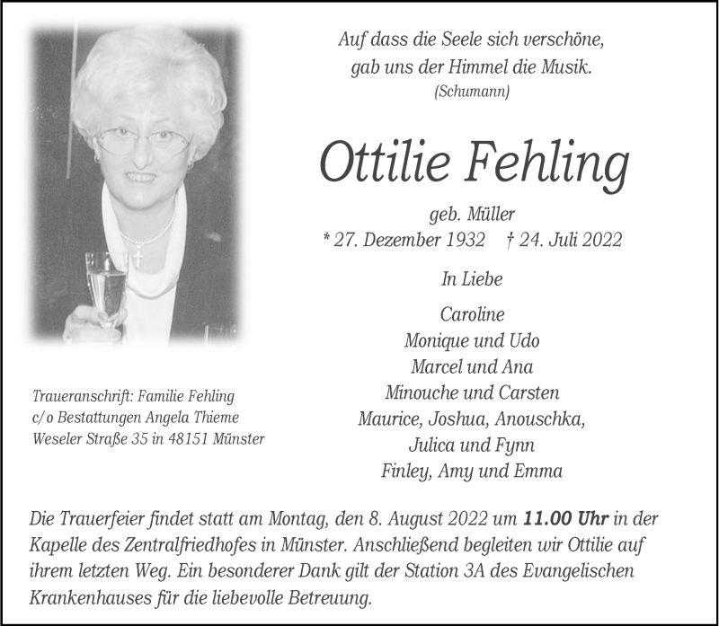  Traueranzeige für Ottilie Fehling vom 06.08.2022 aus 