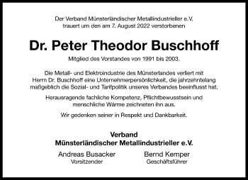 Anzeige von Peter Theodor Buschhoff 