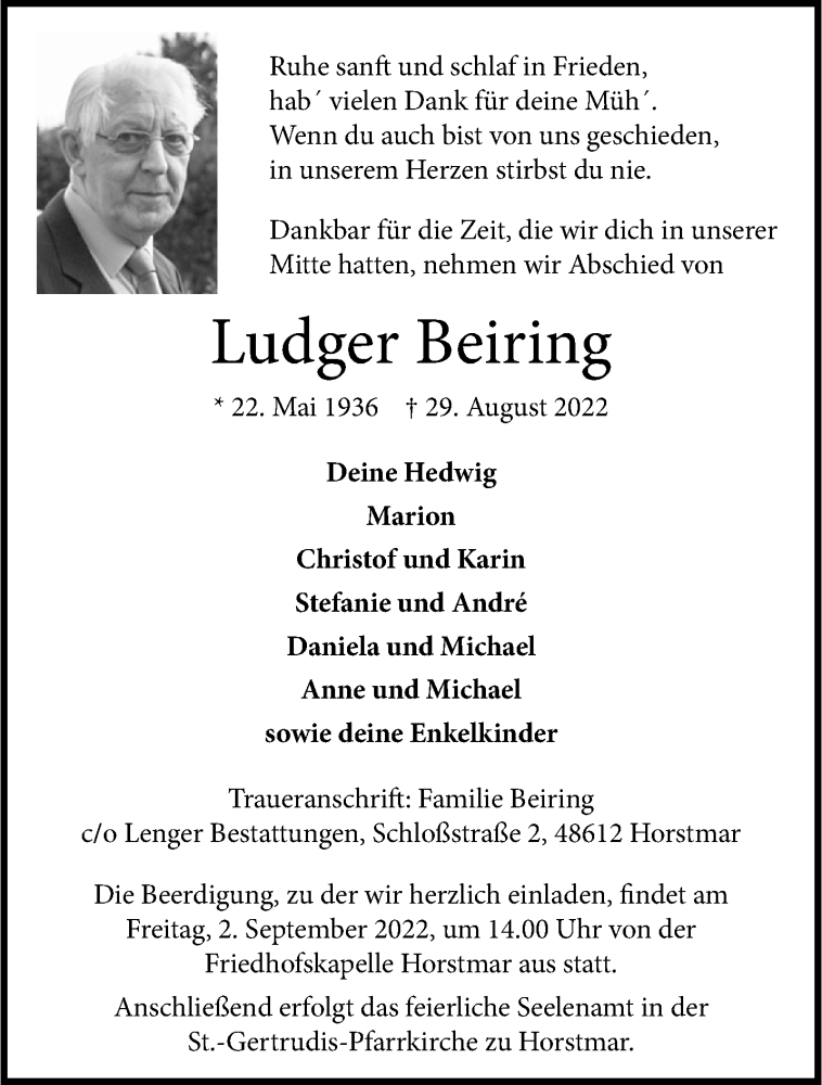  Traueranzeige für Ludger Beiring vom 31.08.2022 aus 