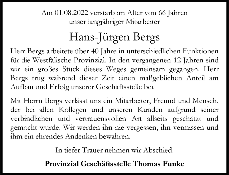  Traueranzeige für Hans-Jürgen Bergs vom 13.08.2022 aus 