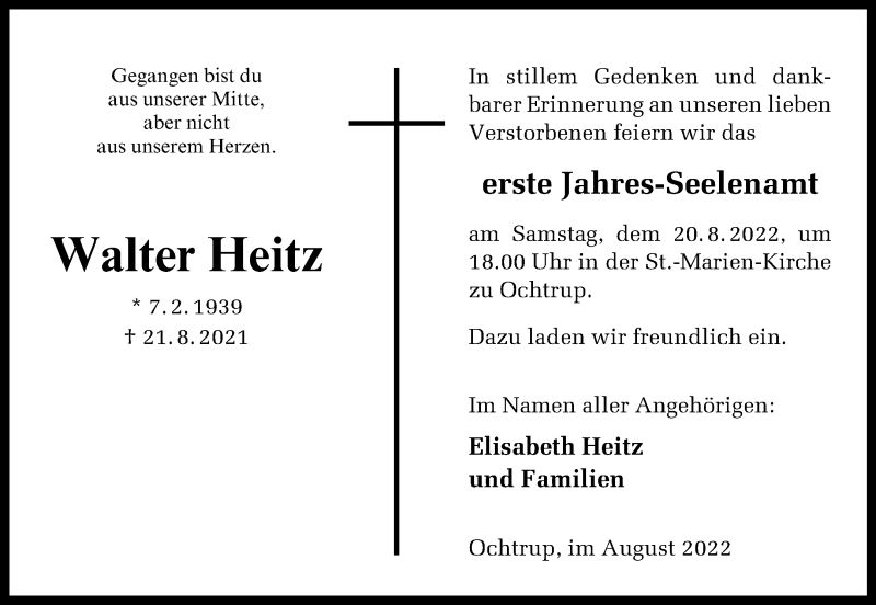  Traueranzeige für Walter Heitz vom 18.08.2022 aus 