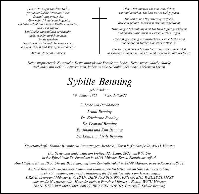  Traueranzeige für Sybille Benning vom 06.08.2022 aus 