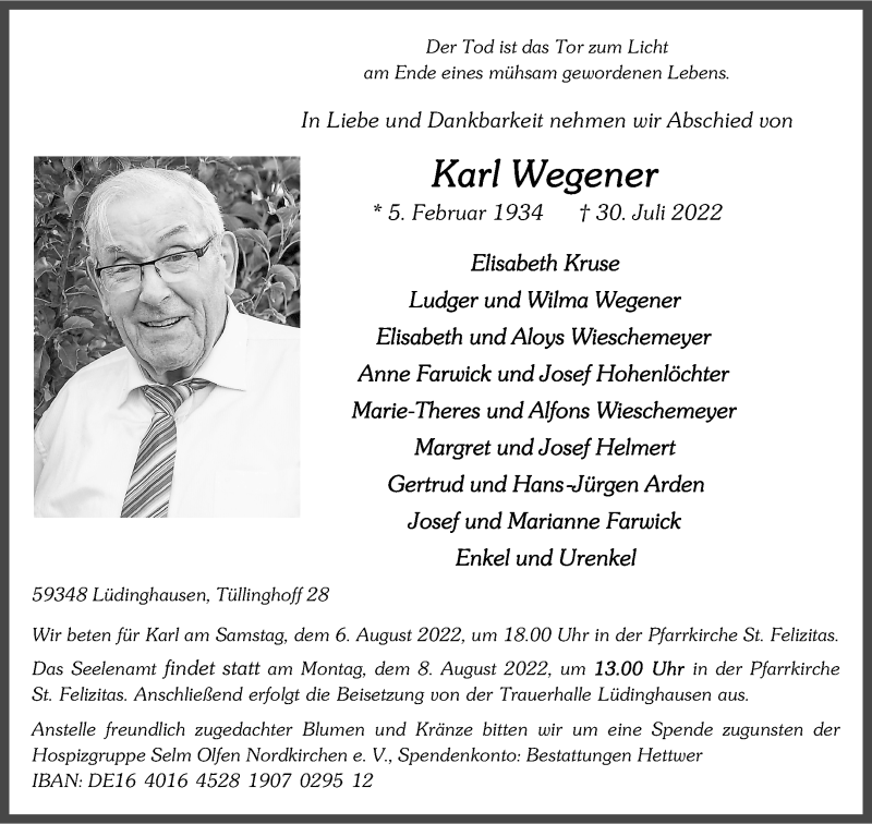  Traueranzeige für Karl Wegener vom 04.08.2022 aus 