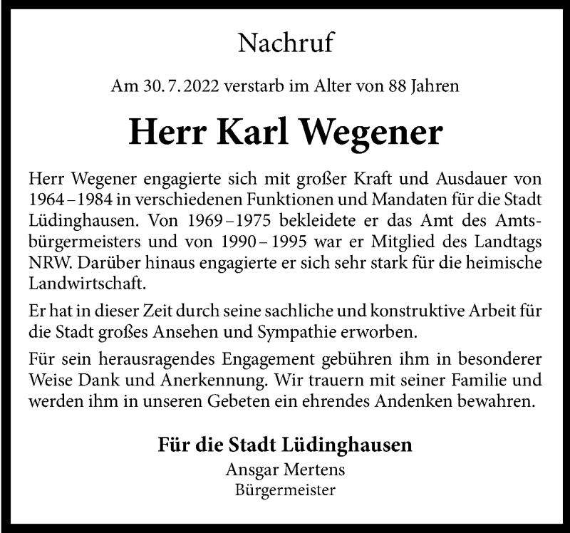  Traueranzeige für Karl Wegener vom 06.08.2022 aus 