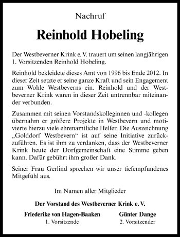 Anzeige von Reinhold Hobeling 