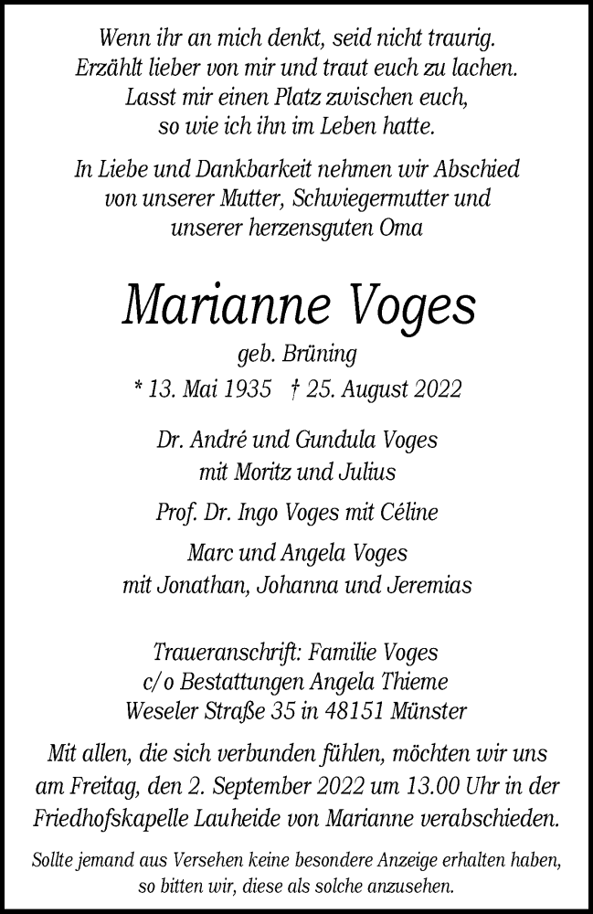  Traueranzeige für Marianne Voges vom 27.08.2022 aus 