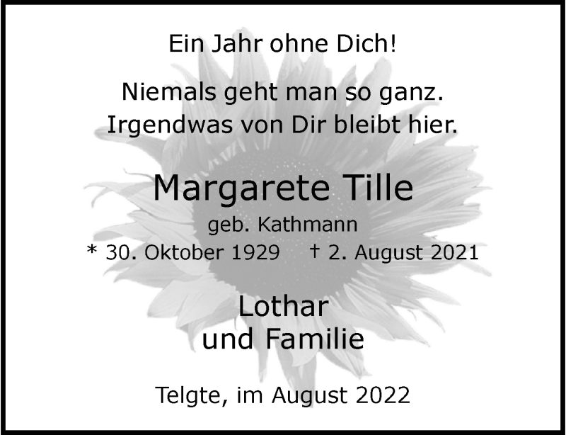  Traueranzeige für Margarete Tille vom 06.08.2022 aus 
