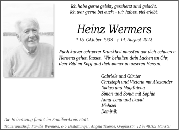 Anzeige von Heinz Wermers 
