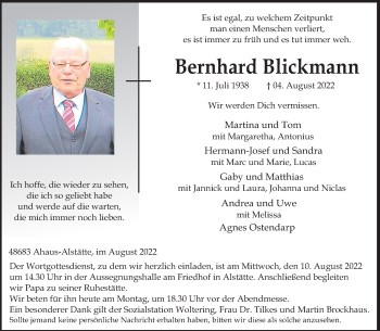 Anzeige von Bernhard Blickmann 