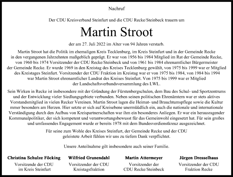  Traueranzeige für Martin Stroot vom 03.08.2022 aus 