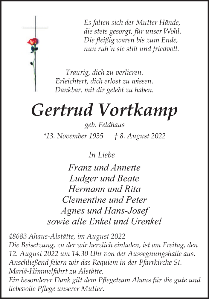  Traueranzeige für Gertrud Gertrud vom 11.08.2022 aus 