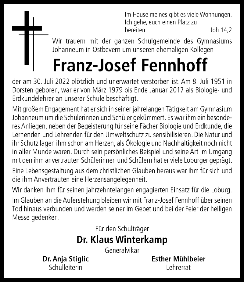  Traueranzeige für Franz-Josef Fennhoff vom 09.08.2022 aus 